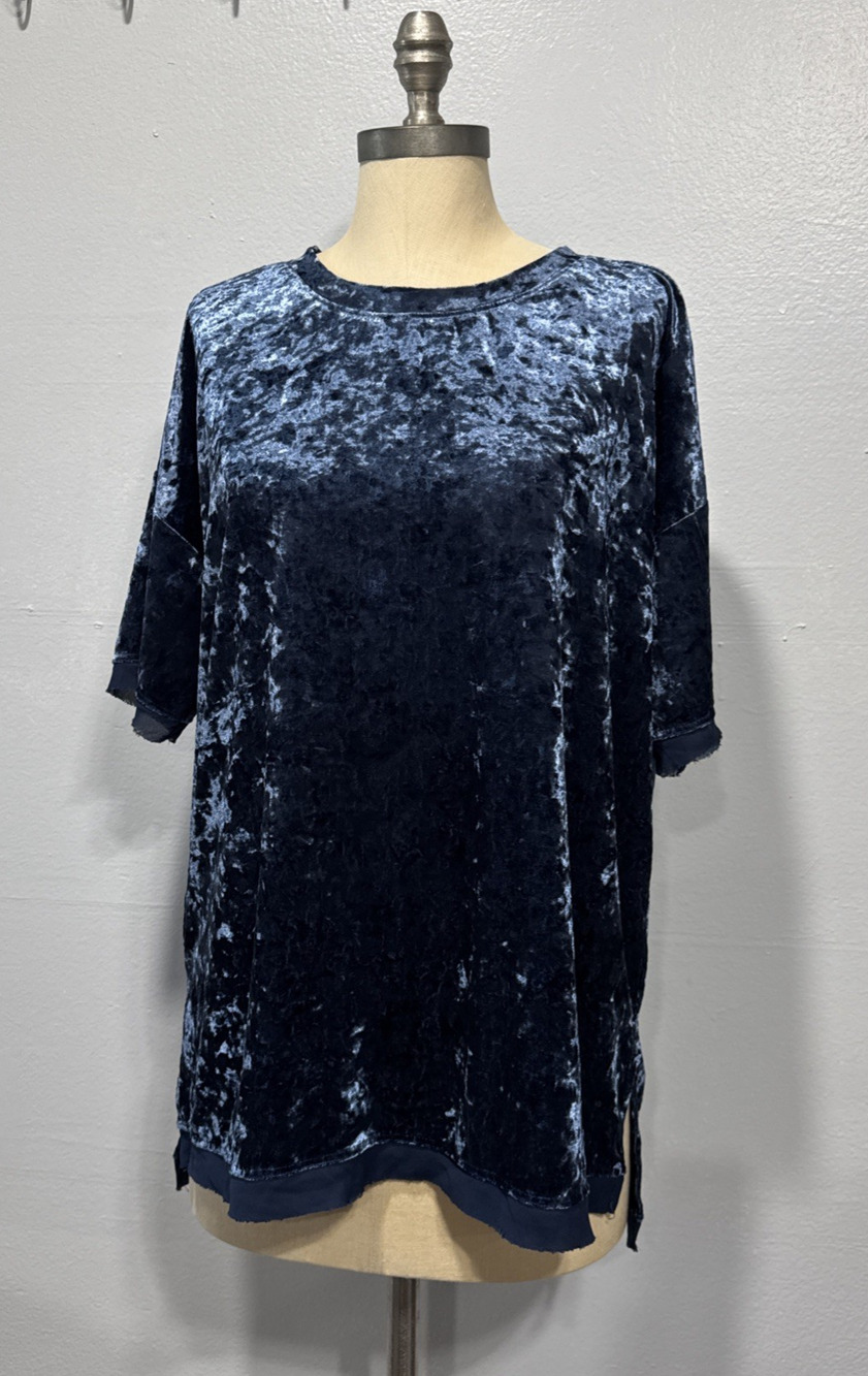 Wishlist Women’s Blue Velvet Short Sleeve Tunic Top Sheer Hem Cuffs Sz M Holiday